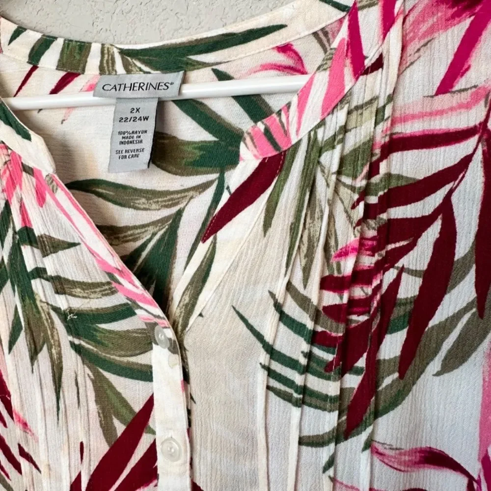 Catherines White Green Pink Vibrant Palm Print Sleeveless Blouse - Size 2X EUC